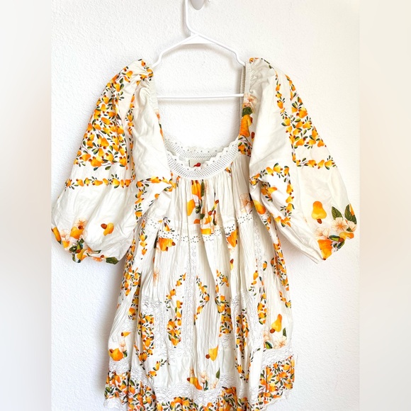 NWOT Farm Rio Cashew Puff-Sleeve Mini Dress Oversize Crochet Trim Boho XL - Picture 7 of 17